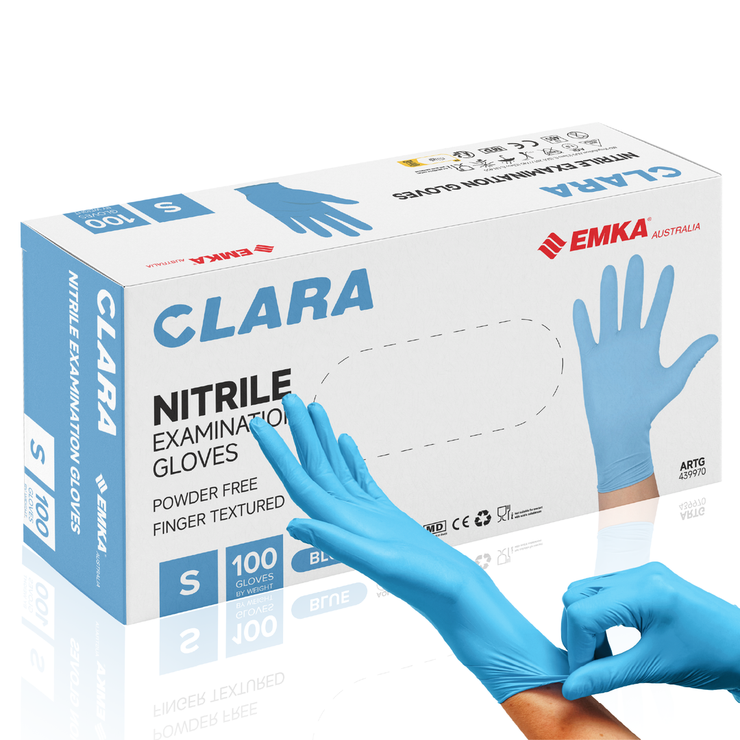 Box 10 x Clara Blue Nitrile Powder Free Disposable Gloves Finger Textured 3.0g 100 PCS S