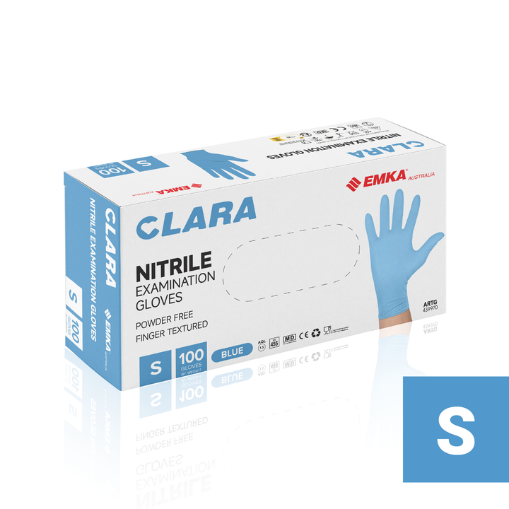Box 10 x Clara Blue Nitrile Powder Free Disposable Gloves Finger Textured 3.0g 100 PCS S