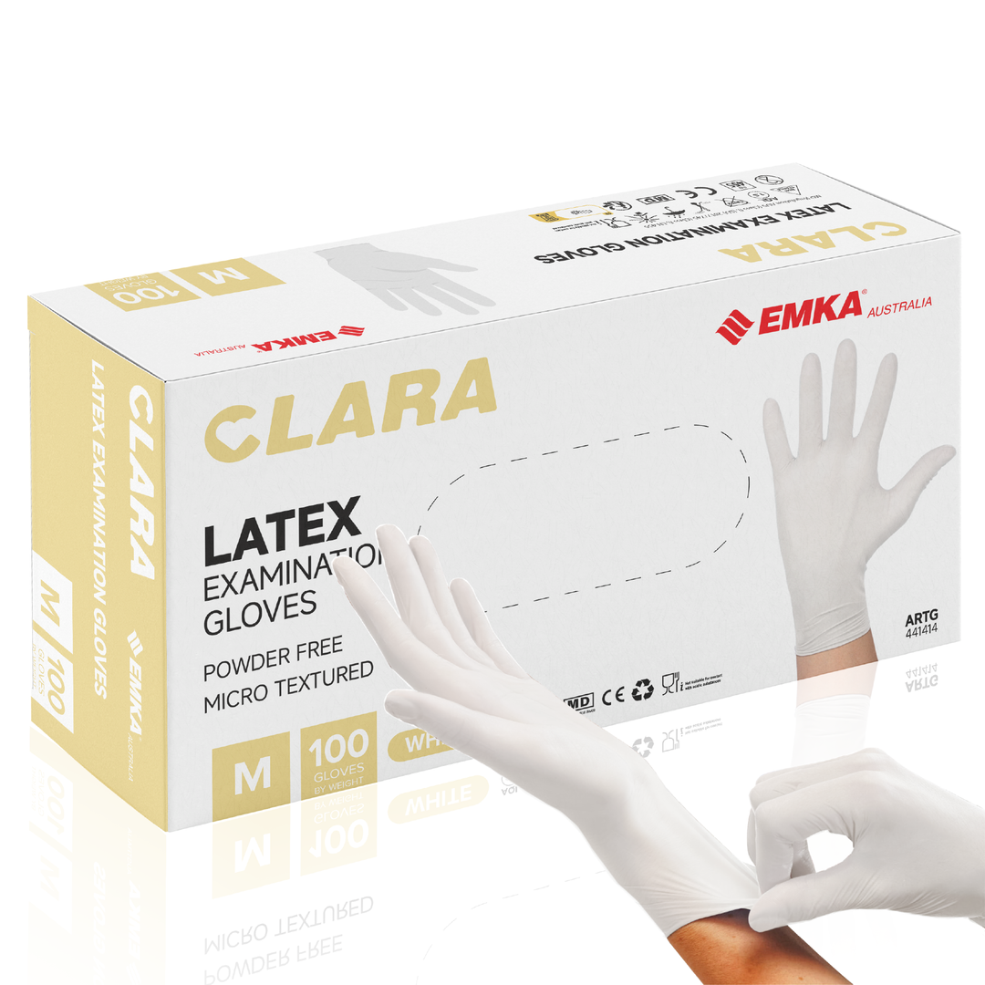 Box 10 x Clara Creamy White Latex Powder Free Disposable Gloves Micro Textured 5.7g 100 PCS M