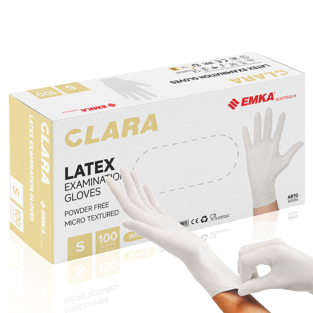 Box 10 x Clara Creamy White Latex Powder Free Disposable Gloves Micro Textured 5.7g 100 PCS S