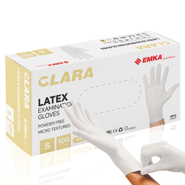 Box 10 x Clara Creamy White Latex Powder Free Disposable Gloves Micro Textured 5.7g 100 PCS S