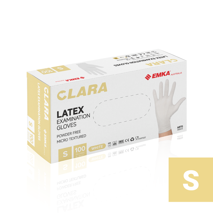 Box 10 x Clara Creamy White Latex Powder Free Disposable Gloves Micro Textured 5.7g 100 PCS S