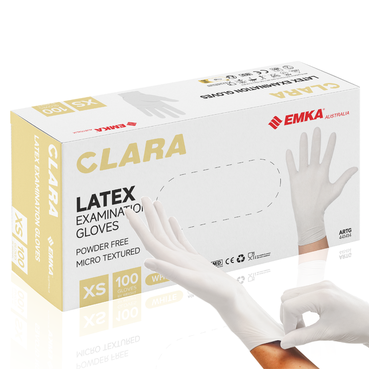 Box 10 x Clara Creamy White Latex Powder Free Disposable Gloves Micro Textured 5.7g 100 PCS XS