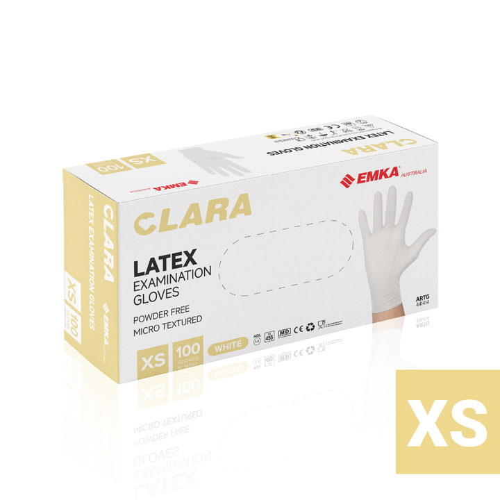 Box 10 x Clara Creamy White Latex Powder Free Disposable Gloves Micro Textured 5.7g 100 PCS XS