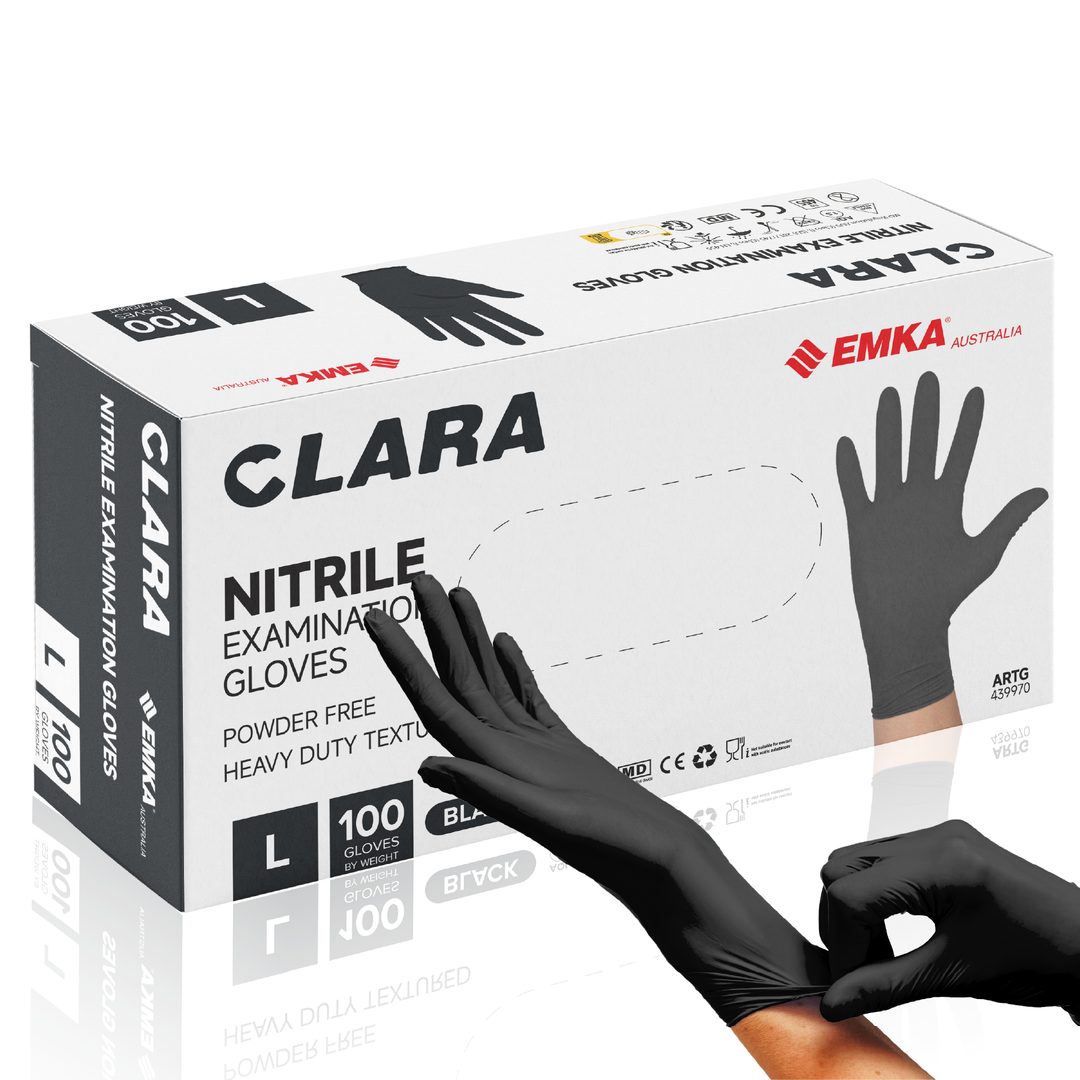 Clara Black Nitrile Powder Free Disposable Gloves Heavy Duty Textured 5.5g 100 PCS L