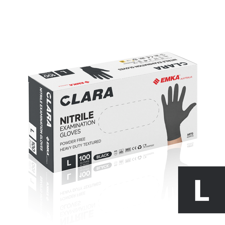 Clara Black Nitrile Powder Free Disposable Gloves Heavy Duty Textured 5.5g 100 PCS L