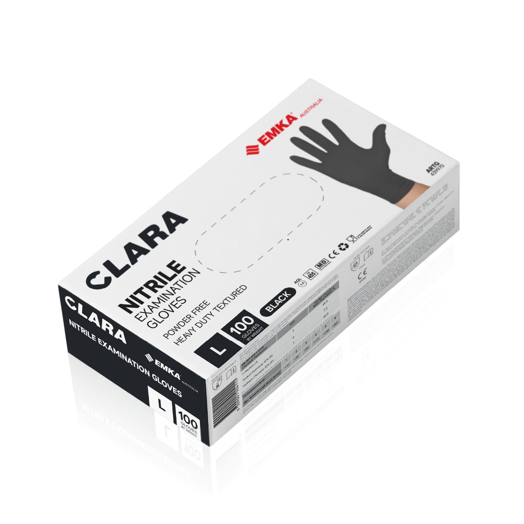 Clara Black Nitrile Powder Free Disposable Gloves Heavy Duty Textured 5.5g 100 PCS L