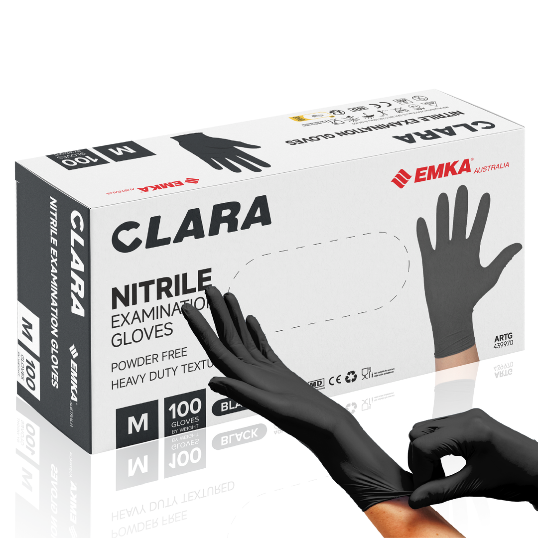 Clara Black Nitrile Powder Free Disposable Gloves Heavy Duty Textured 5.5g 100 PCS M