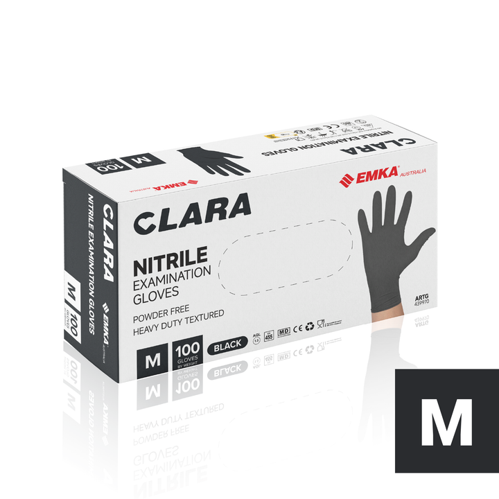 Clara Black Nitrile Powder Free Disposable Gloves Heavy Duty Textured 5.5g 100 PCS M