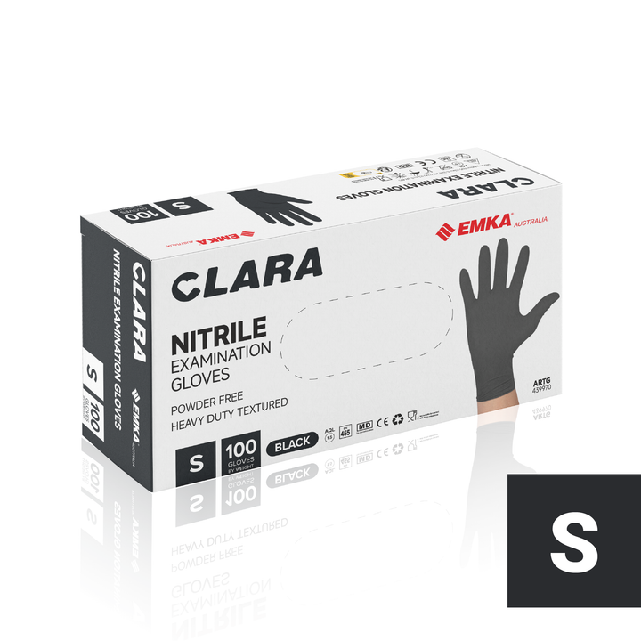 Clara Black Nitrile Powder Free Disposable Gloves Heavy Duty Textured 5.5g 100 PCS S