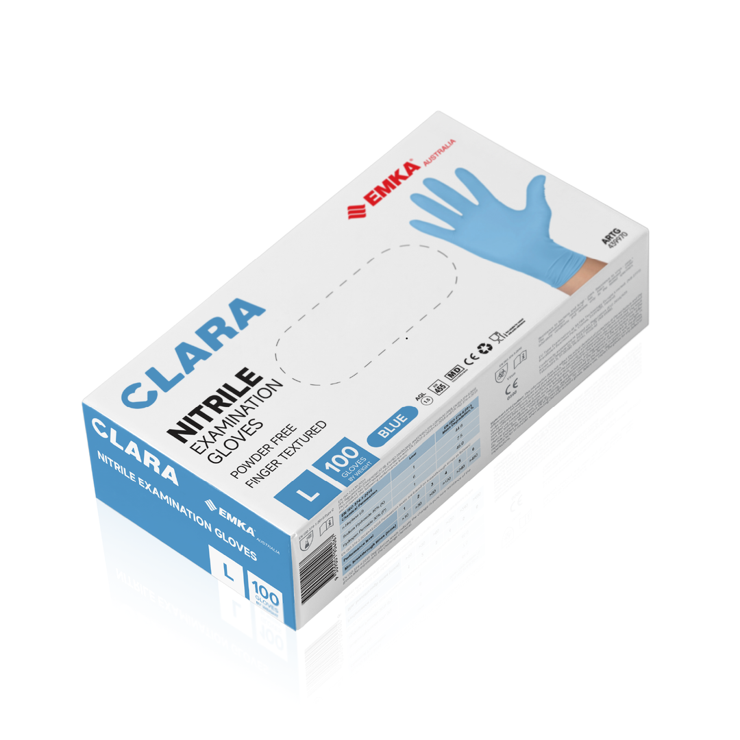 Clara Blue Nitrile Powder Free Disposable Gloves Finger Textured 3.0g 100 PCS L