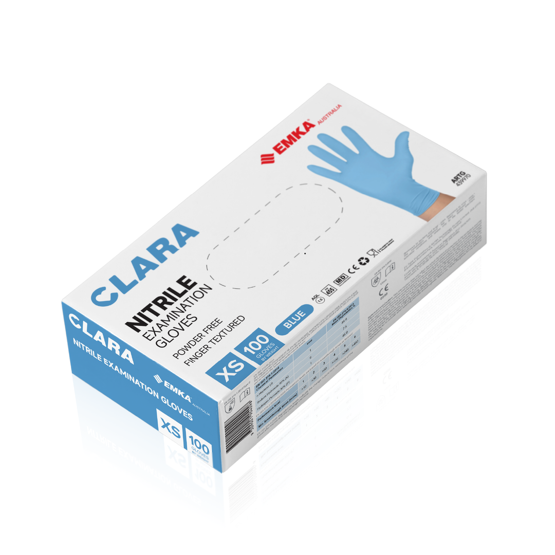 Clara Blue Nitrile Powder Free Disposable Gloves Finger Textured 3.0g 100 PCS XS