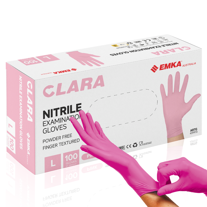 Clara Pink Nitrile Powder Free Disposable Gloves Finger Textured 3.4g 100 PCS L