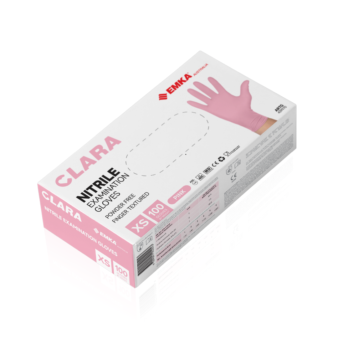 Box 10 x Clara Pink Nitrile Powder Free Disposable Gloves Finger Textured 3.4g 100 PCS XS