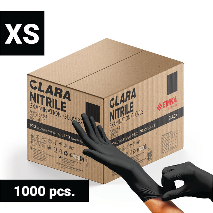 10x 100 PCS Black Nitrile Disposable Gloves Powder Free Heavy Duty Clara XS Carton 1000 PCS