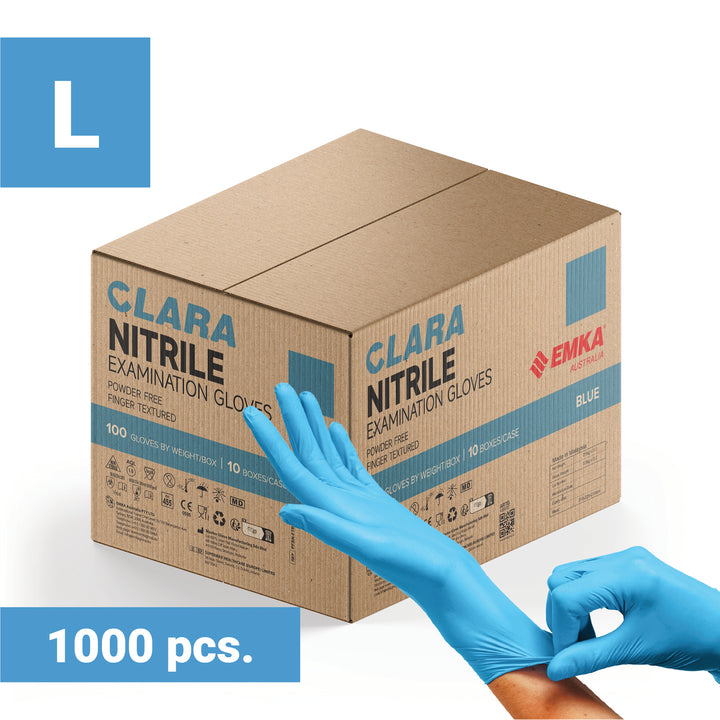 Box 10 x Clara Blue Nitrile Powder Free Disposable Gloves Finger Textured 3.0g 100 PCS L