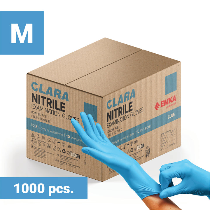 Box 10 x Clara Blue Nitrile Powder Free Disposable Gloves Finger Textured 3.0g 100 PCS M