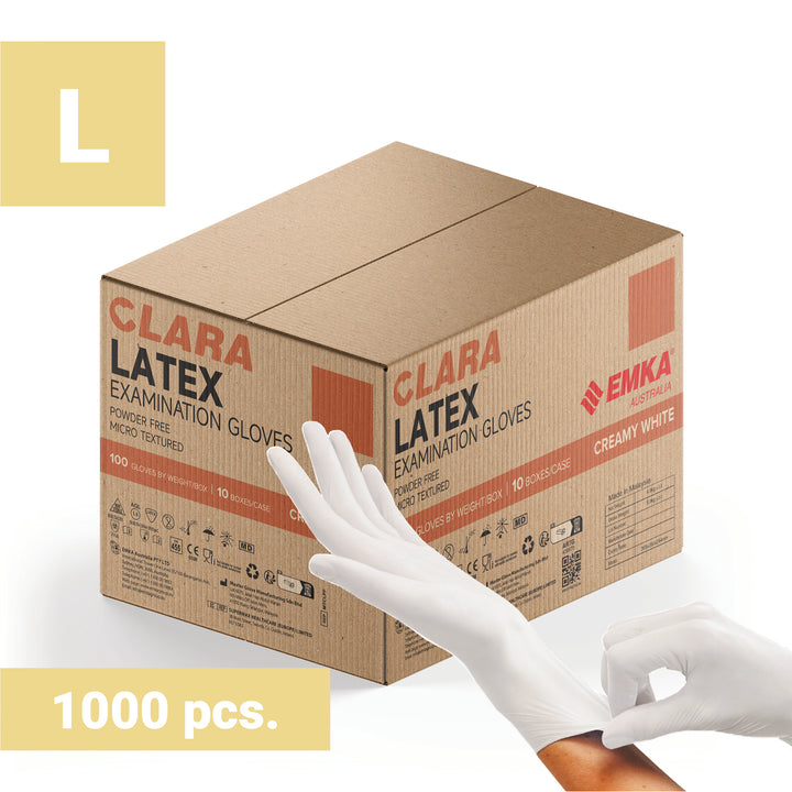 Box 10 x Clara Creamy White Latex Powder Free Disposable Gloves Micro Textured 5.7g 100 PCS L