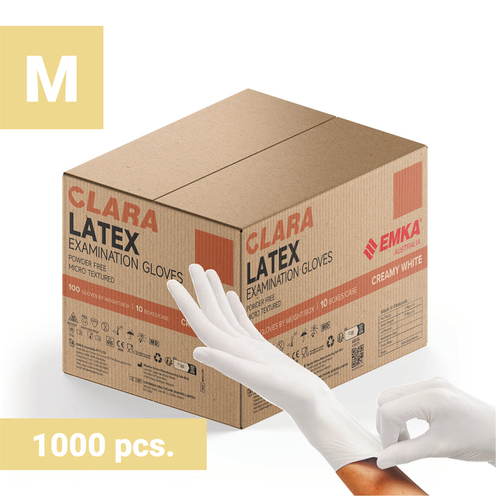 Box 10 x Clara Creamy White Latex Powder Free Disposable Gloves Micro Textured 5.7g 100 PCS M