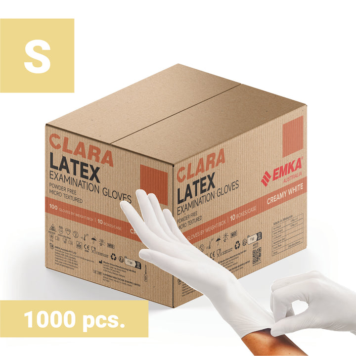 Box 10 x Clara Creamy White Latex Powder Free Disposable Gloves Micro Textured 5.7g 100 PCS S