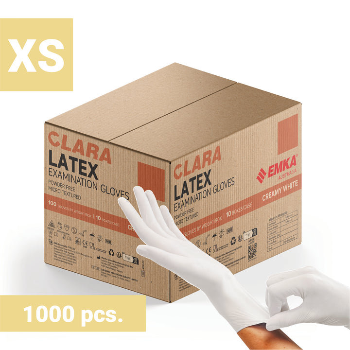 Box 10 x Clara Creamy White Latex Powder Free Disposable Gloves Micro Textured 5.7g 100 PCS XS