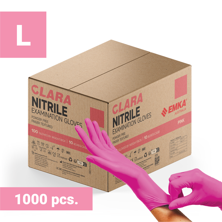 Box 10 x Clara Pink Nitrile Powder Free Disposable Gloves Finger Textured 3.4g 100 PCS L